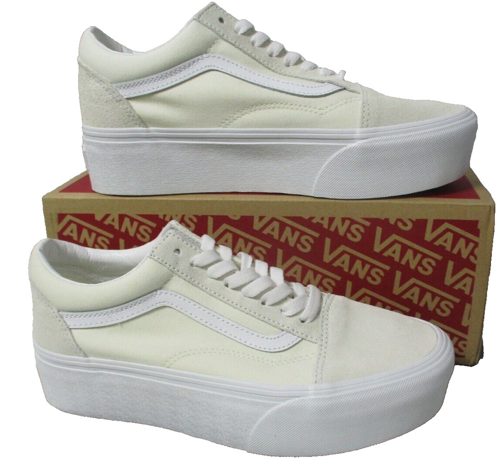 Vans Stackform Old Skool Marshmallow White/Beige Canvas Suede Shoes Womens Sz 11